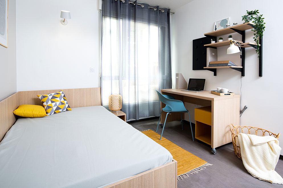agencement espace nuit et bureau ; residence Origin Campus
