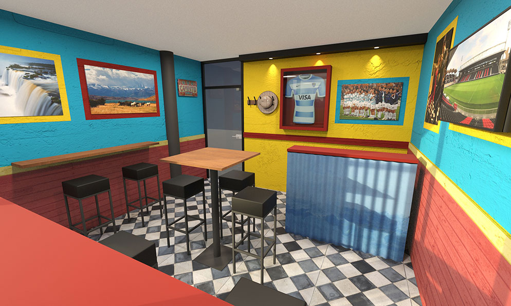 Image de synthèse loge VIP : murs colorés, tables, tabourets