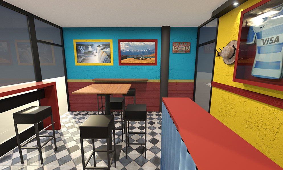 Image de synthèse loge VIP : murs colorés, tables, tabourets