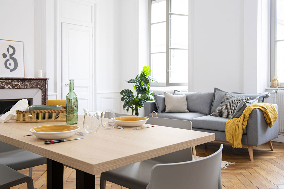 aménagement résidence étudiante rue du plâtre Lyon , espace séjour et cuisine