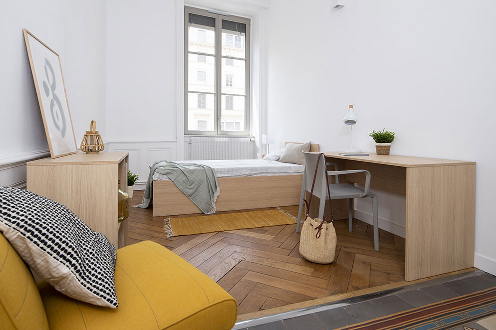 aménagement résidence étudiante rue du plâtre Lyon , espace chambre