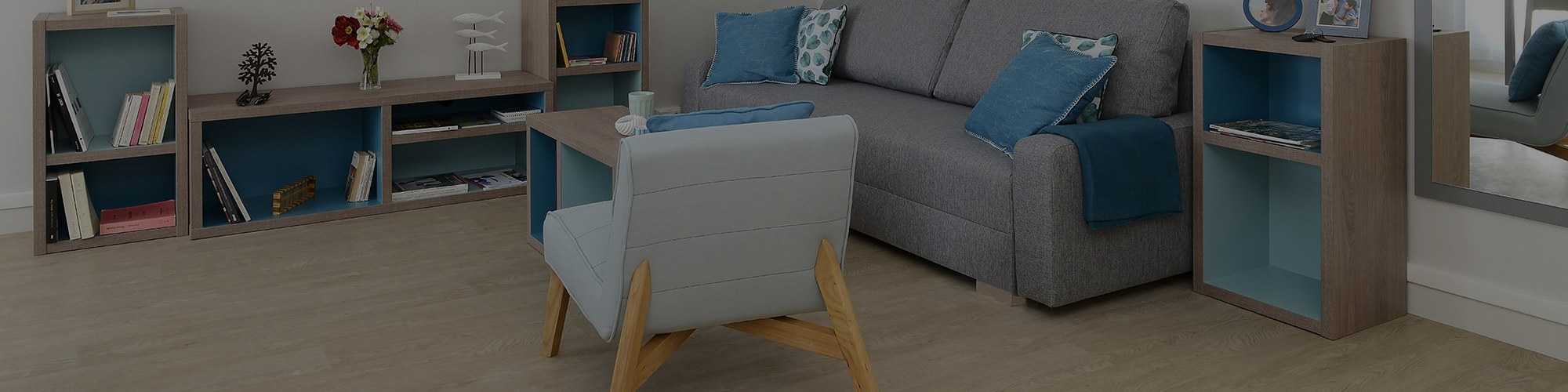 Agencement d'un appartement : canapé, table basse, fauteuil, meuble de rangement