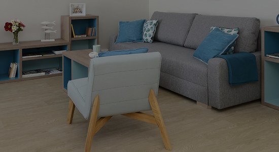 Agencement d'un appartement : canapé, table basse, fauteuil, meuble de rangement