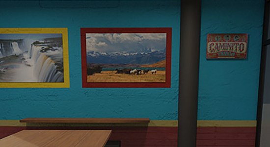 Image de synthèse d'une loge VIP : bar, table, tabourets