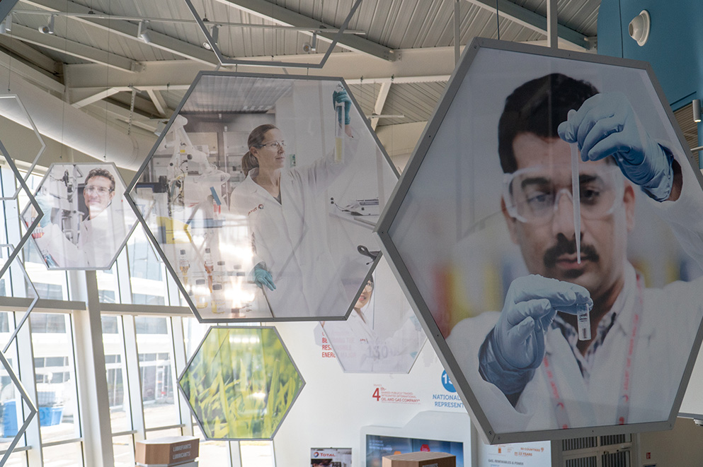 Signalétique suspendue pour agencement de showroom